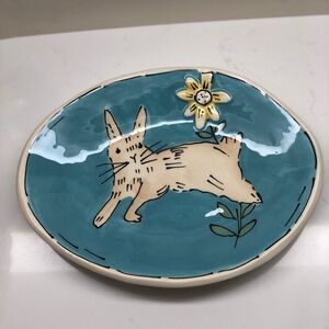 BLUE SKY HEATHER GOLDMINC Turquoise Bunny SNACK Plate CLAY Set Of Four  NWT